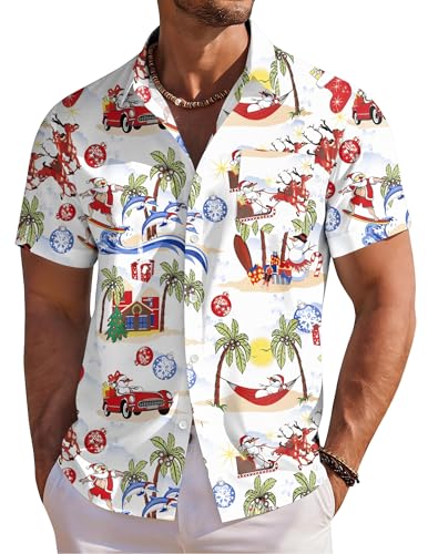 PICKID Christmas in July Shirt for Men Christmas Hawaiian T-Shirt Santa Claus Summer Beach Button Down Tops White