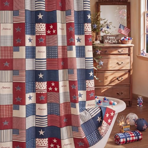 Tranqun 4th of July Quilted Shower Curtain 72 x 72 Inch Farmhouse Patchwork Stars Red White Blue Patriotic Bathroom Decor 250th Anniversary Independence Day Memorial Day Rustic Country Waterproof