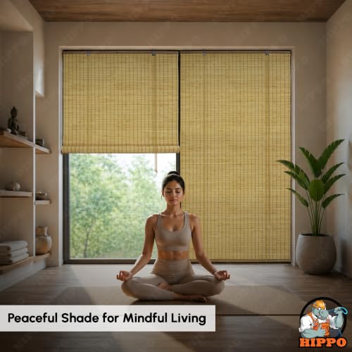 Image of HIPPO Bamboo Curtains - W-3FTXH-9FT Rope Mechanism Roll Up Down Indoor Bamboo Shade for Sun & Dust Protection for Home Window, Balcony, Restaurant, Hotel, Resort (Natural-TAN)