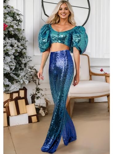 EVALESS Women Sequin Pants Sparkly Glitter High Waisted Wide Leg Flare Trousers Bell Bottom Night Out Clubwear2