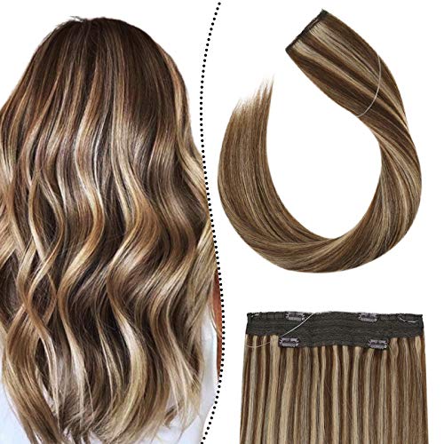 Ugeat Human Hair Halo Extensions 16inch Invisible Wire Human Hair Extensions 80Gram/Set Real Hair Halo Extensions for Women #P4/16 Dark Brown Highlight Golden Blonde