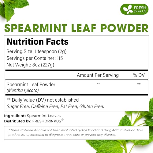 Image of FreshDrinkUS, Premium Spearmint Leaf Powder 8oz - Pure Natural Mint Powder for Tea, Smoothies, Cooking, and Baking - Resealable Pouch