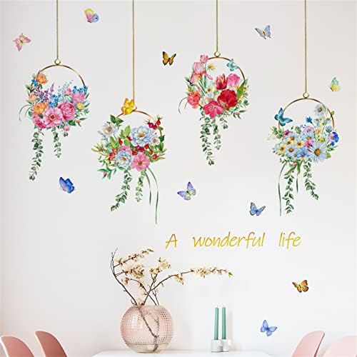Amazon.co.jp: WOHAHA ウォールステッカー おしゃれ 花 花かご吊り籠 緑葉 蝶 景色 a wonderful life ...