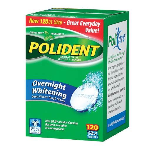 Polident Overnight Whitening, Antibacterial Denture Cleanser, Triple Mint Freshness 120 ea (Pack of 4)
