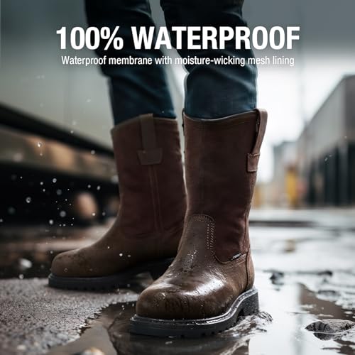 HISEA NINGO Mens Steel Toe Work Boots, Waterproof Slip on Wellington Boots with Full-grain Leather, Oil and Slip Resistant, Soft Toe Pull on Safety Boots for Men, for Construction Working Welding4
