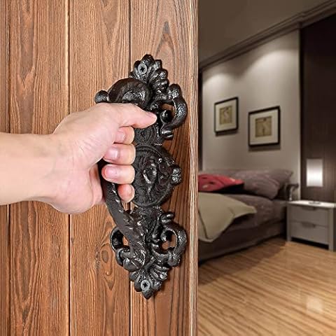 INIRET 2 Packs Heavy Duty 5.46" barn Door Handles,Dark Brown Cast Iron Carved SRustic Vintage Gate Fence Outdoor Garage Closet Drawer Cabinet Handles Cover