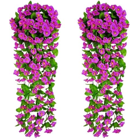 FOUSUKA Artificial Fake Hanging Flowers Plants for Outdoors Decoration, 2 PCS Faux Silk Morning Glory Long Trailing Vines UV Resistant for Home Outside Porch Hanging Basket Planter Decor (Purple) Cover