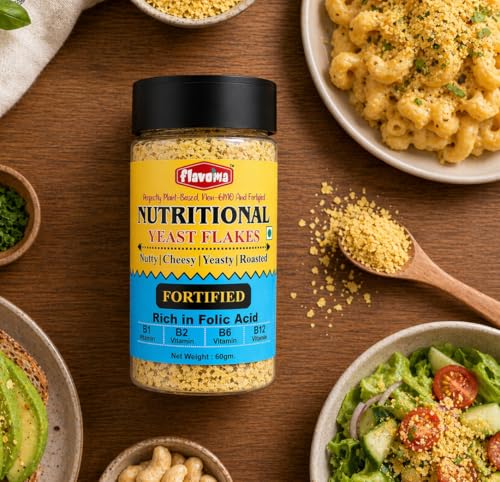 Image of Flavoma Nutritional FORTIFIED Yeast Flakes 60gm (Rich in Vitamin B1, B2, B6, B12), Source of Folic Acid, Gluten-Free, Vegan Cheese Flavor | Plant Based Seasoning for Cooking, Baking, and Snacks