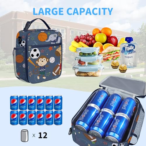 Clastyle Sport Insulated Kids Lunch Bag Large Thermal Cooler Bag for Boys Picnic School Toddler Lunch Box Tote,Animal Ball - Image 3