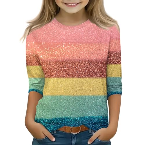 Cute Tops for Girls Casual Fall Shirts 3/4 Sleeve Crewneck Baggy Fall Lightweight Fashion Cute Clothes for 5-16 Years