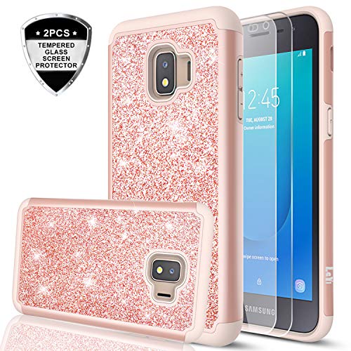 LeYi Samsung Galaxy J2 Core Case with Tempered Glass Screen Protector [2 Pack], Glitter Bling Girls Women Dual Layer Heavy Duty Protective Phone Case Cover for Samsung Galaxy J2 Core TP Rose Gold