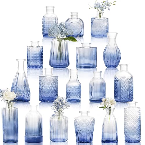 Petal Petite Small Blue Glass Bud Vase Set of 18 for Wedding Centerpieces