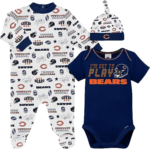 Image of Gerber NFL Chicago Bears 3 Pack Bodysuit Sleep n Play Footie Cap Registry Gift Set, blue/white/orange Chicago Bears, 3-6M