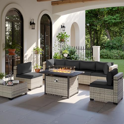 Image of Outdoor PE Wicker Rattan Modular Patio Sectional Sofa Set | 8-Piece: 6 Modular Seats, Coffee Table & 55,000 BTU Fire Pit Table, Black