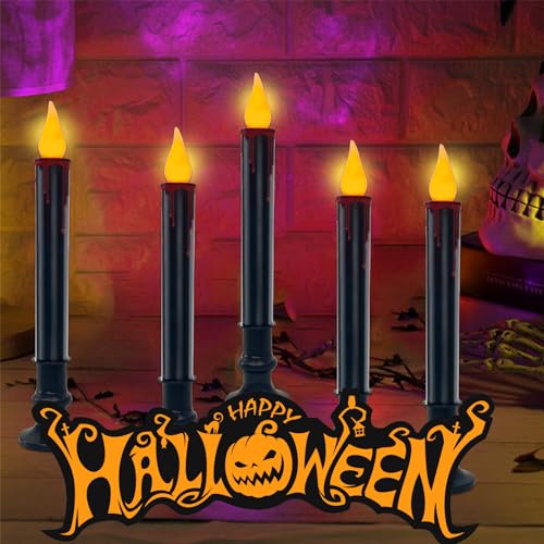 Image of Oviejo 10 Pack Halloween Black Electric Candles, Battery Operated Window Candles with Taper Flickering Bulbs, Flameless Halloween Window Candle with Timer for Table Kitchen Halloween Decor