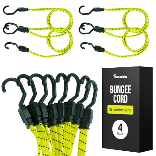 Houseables Long Bungee Cords with Hooks, Bungee Cords with Hooks, Elastic Straps, Elastic Tie Down Straps, Rope for Moving, Dolly, Truck, Bungie Chords, Heavy Duty Outdoor, Rubber, Flat, 36 Inch, 4 PK