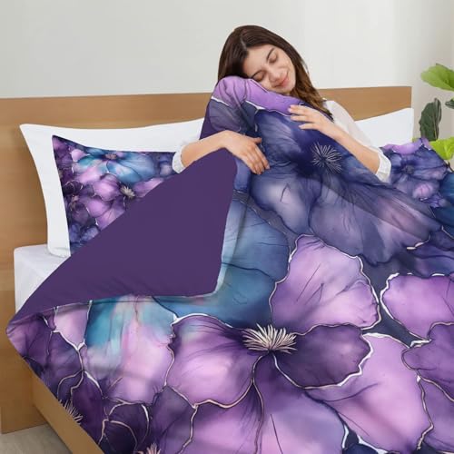 Parure de lit bleu violet floral 240x260 cm avec 2 taies d'oreiller
