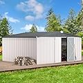 AECOJOY Shed 14' x 12' Storage Shed, Outdoor Metal Storage Sheds & Outdoor Storage 12x14 with Lockable Doors, Large Yard Shed, Utility Tool Storage for Garden, Backyard, Patio, Outside use in White