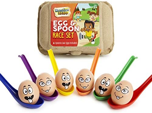 KreativeKraft Egg and Spoon Race Kit Outdoor Games For Kids, Garden Outdoor Toys Kids Party Games Set Includes 6 Easter Eggs & 6 Plastic Spoons, Family Games for Kids and Adults