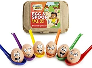 KreativeKraft Egg and Spoon Race Kit Outdoor Games For Kids, Garden Outdoor Toys Kids Party Games Set Includes 6 Easter Eggs & 6 Plastic Spoons, Family Games for Kids and Adults