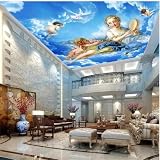 SABORR Techo frescos papel pintado decorativo cielo azul nubes blancas figuras de ángeles sala de estar dormitorio techo fondo pegatinas arte de la pared arte de la pared