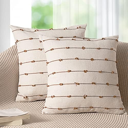 Boho Throw Pillow Covers 18x18 Set of 2 Modern Farmhouse Decorative Cushion Case Tufted Natural Linen Square Pillows Cover Neutral Pillow Cases Accent Pillowcase for Sofa, Couch, Bed, Beige and Brown