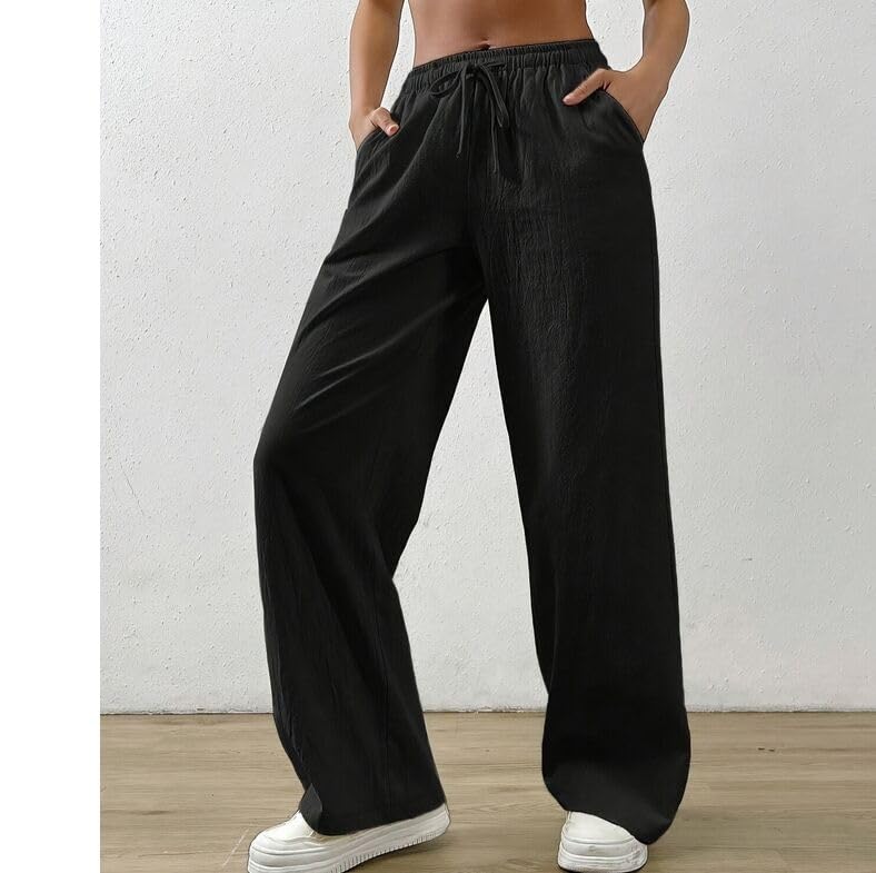 Versatile Solid Color Loose Fit Casual Wide Leg Pants with Elastic Waist Drawstring Long Pants Trousers Suitable3