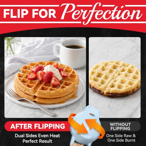 Image of SugarWhisk 6-Inch Flip Belgian Waffle Maker, Ceramic Nonstick,Pale Blue | 180 Flip Waffle Iron, 750W Heat, PFAS-Free Ceramic Plates, Cool-Touch Handle, Safety Lock, Batter Groove & Upright Storage