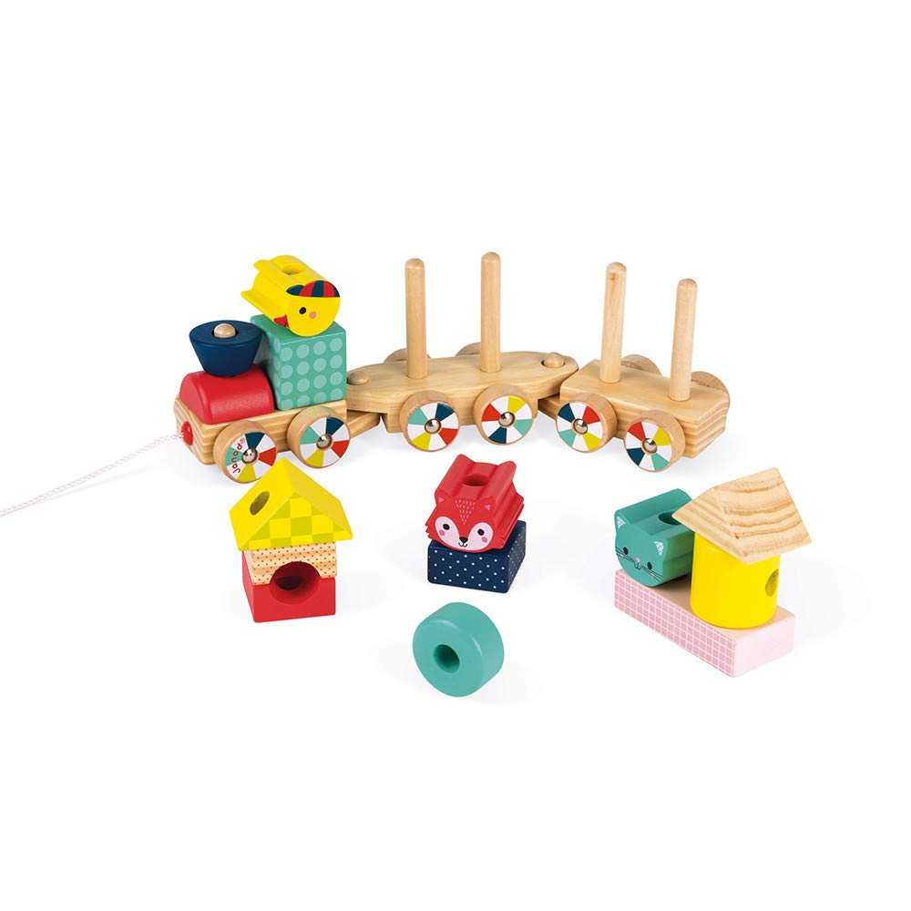 Janod - Baby Forest Treno (Legno), Giocattolo Da Trainare, 17 Blocchi Inclusi, per Imparare Le Forme e I Colori, per Sviluppare la Motricità Fine - Da 1 Anno in su, J08022
