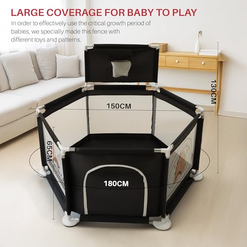 Image of Baybee Neo Plus Kids Playpen for Babies | Baby Activity Playards with Basket Ball Hoop, Zipper Door & Corner Protection | Baby Play Area Indoor Setup with Hexagon shape for Extra Space | Outdoor Play Pen for Baby up to 5 Years (Black)