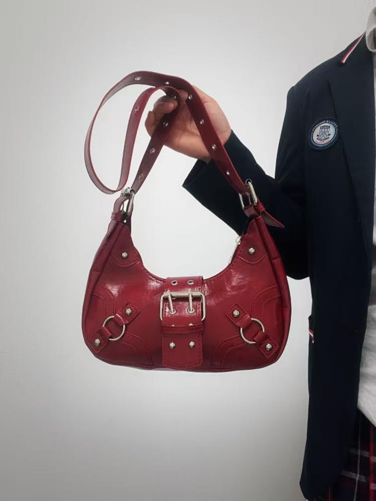 Women's Y2K Purse PU Leather Shoulder Tote Handbag Adjustable Strap Clutch Hobo Bags Trendy(Wind Red) - Image 7