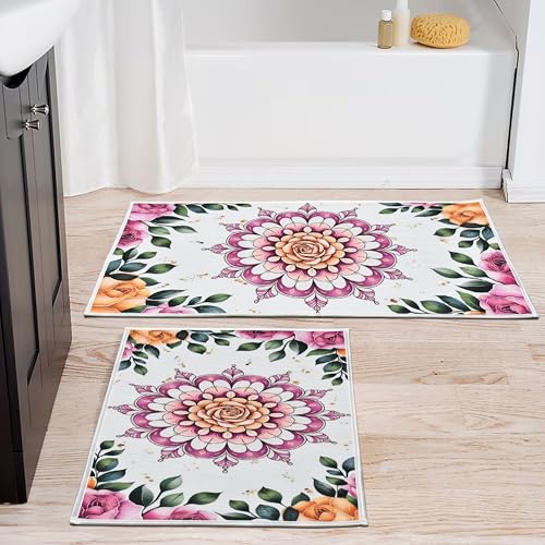 Image of Digital Printed Bathmat Set of 2 | Anti-Skid Mess Backing | Large & Small Combo | Water Absorbent, Quick Dry, Soft Floor Mat for Bathroom & Home Color - Floral Printed White and Pink