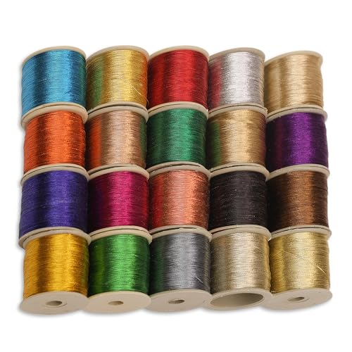 Image of EmbroideryMaterial Metallic Zari Thread Set - 20 Pieces Embroidery Threads All Colours | 0.1mm Thin, 85m Each | Zari Thread for Aari Work, Embroidery, Sewing & Jewellery Making