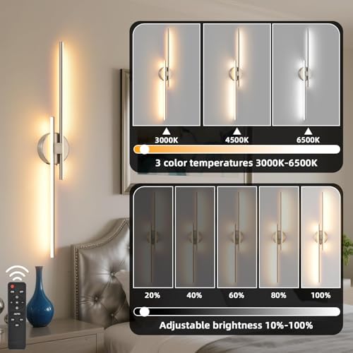 Image of Battery Operated Wall Sconce set of 2, USB Rechargeable Wireless Sconces with Remote Control, LED Dimming Wall Lamp 3 Color /Timer /Memory, 31.4 inch Brushed Nickel Wall Lights for Bedroom Living Room