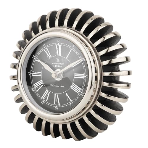 Image of Decor de Maison Brings Handcrafted Edgesculpt Table Clock for Living Room, Bedroom, Study Table, Office Desk | Classic Non-Ticking Tabletop Battery Operated Analog Desk Clock in Black (17x6x17cm)