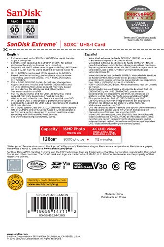 SanDisk Extreme 128 GB SDXC Speicherkarte bis zu 90 MB/Sek, Class 10, U3, V30 – Bild 4