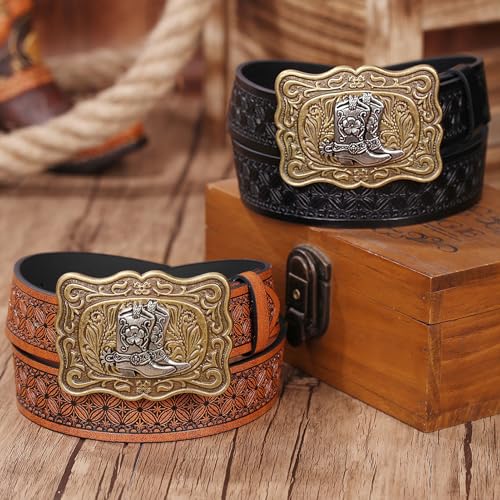 Men Women Leather Embossed Belt - Handmade Strap Engraved Cowboy Boots Buckle For Dress & Casual 5
