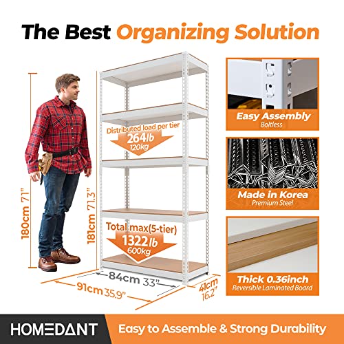 HOMEDANT 35.9" W 5 Tier Heavy Duty Garage Shelving Adjustable Metal Rack Storage Shelves Standing Shelf Unit Organizers Pantry Closet White 1Pack - Image 3