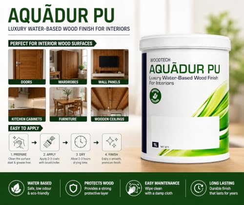 Image of AP Luxury Water-Based Polyurethane (PU) Wood Finish for Interiors, Low VOC, Scratch & Stain Resistant Clear Wood Coating, Best Water PU for Wood, with Premium PU Brush 2 inch | 1 lt (Matt)