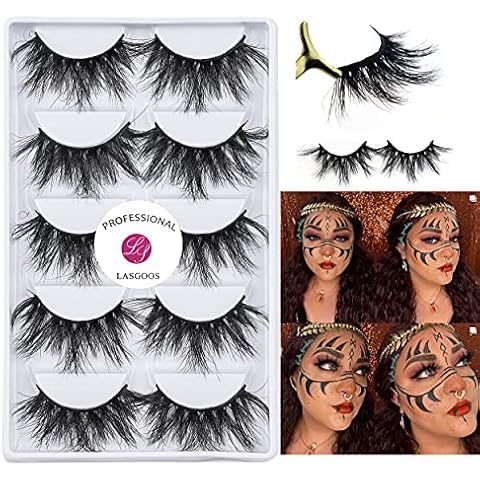 3D Mink 25mm False Eyelashes LASGOOS Siberian Luxurious Soft Cross Thick Very Long Wedding Dram Party 5 Pairs Fake Eye Lashes (E89-5) Cover