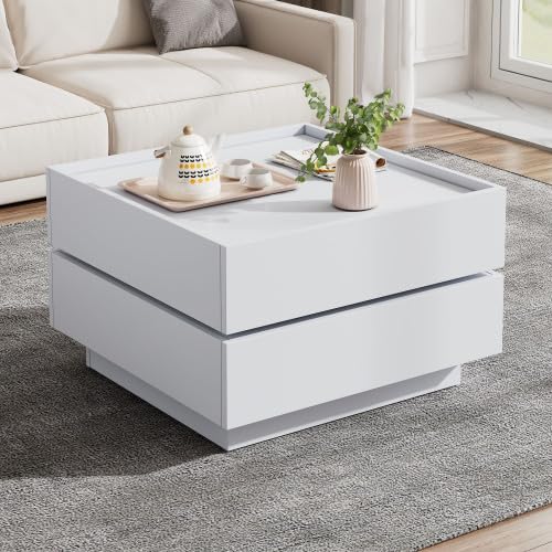 Merax Tavolino da salotto 60 x 60 x 38 cm per soggiorno, girevole a 360°, tavolo da soggiorno con 2 ripiani e vano portaoggetti