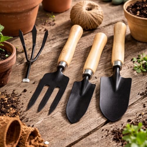 Kit Ferramentas de Jardinagem 3 Peças Cabo Madeira Pá Ancinho