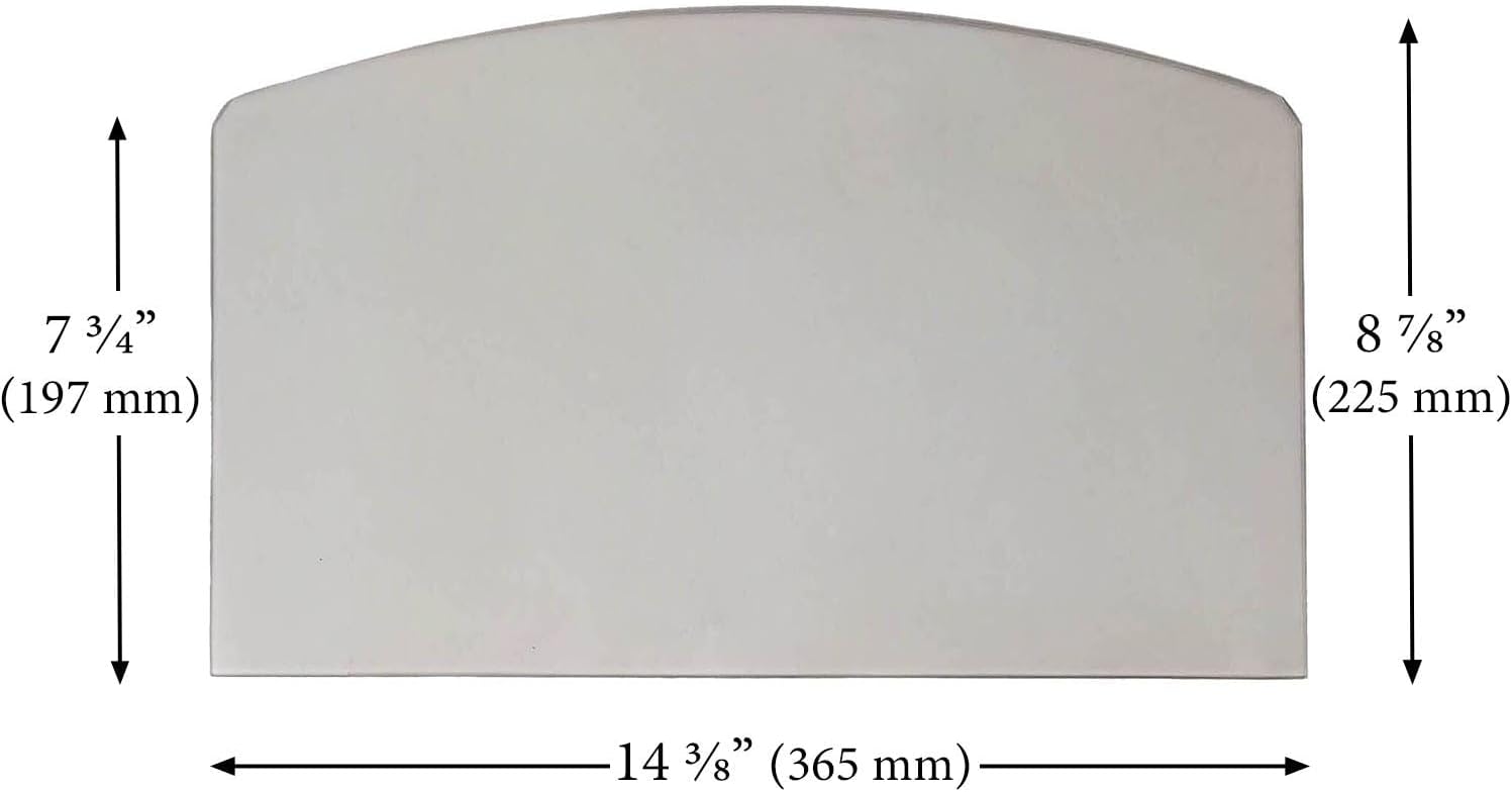 Diagram showing the dimensions of the US Stove Door Glass Kit: 14 3/8 inches (365 mm) width, 7 3/4 inches (197 mm) side height, and 8 7/8 inches (225 mm) center arch height.