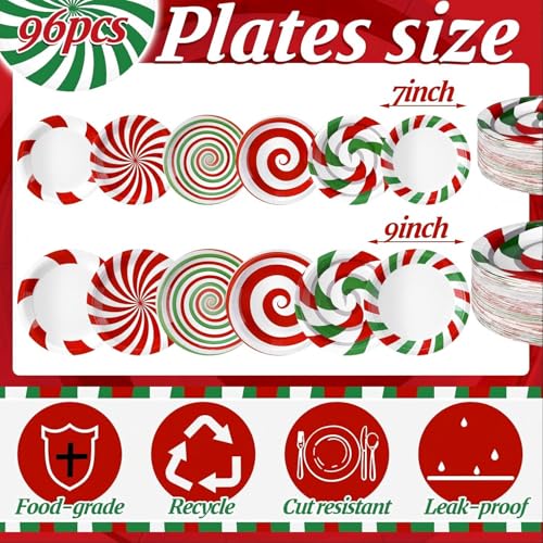 Image of Fourluoo 96 Pcs Christmas Candy Paper Plates 9 Inch Disposable Peppermint Dinner Plates for Xmas Birthday Party Table Decoration Supplies