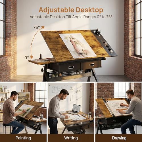 GOAWGO Drafting Table with Stool Height Adjustable Art Craft Desk with Storage, Tilting MDF Tabletop, Expansion Board, Drawing Table for Home Office, Artists, Painters (Rustic Brown)
