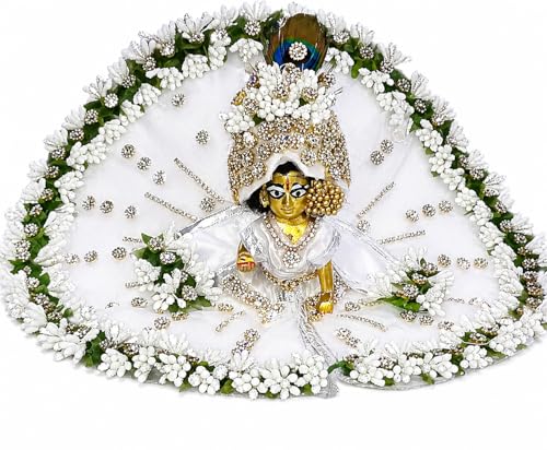 DAUJI ENTERPRISES Laddu Gopal Dress White Krishna Idol Outfit for Janmashtami, Navratri & Hindu Festival Decoration | Complete Poshak Set with Dress, Choli, Patka & Pagdi | Size 4 No.