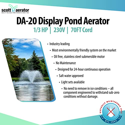Scott Aerator Da-20 Display Pond Aerator – 1/3 Horse Power 230V 70Ft Cord | Aerating Pond Fountain | Pond Aerator Pump For Small Ponds | Pond Aeration System #TOP5