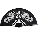 jiaoguo Chinese Kung Fu Tai Chi Eight Trigrams Double Dragon Bamboo Rib Frame Fan Black