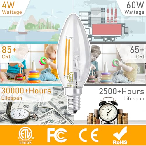 winshine 24 Pack E12 Candelabra LED Bulbs Dimmable 2700K Warm White 60W Equivalent,Energy Efficient 4W, Type B Light Bulb for Chandelier, C35 Ceiling Fan Light Bulb Clear Glass, 600LM - Image 4