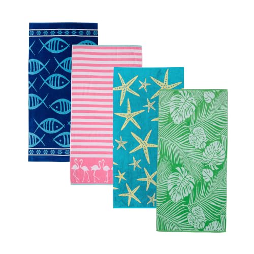 Great Bay Home 100% Cotton Beach Towels - 4 Pack of 30 x 60" Pool Towels - Absorbent & Quick Dry Towel (Assorted Pack)